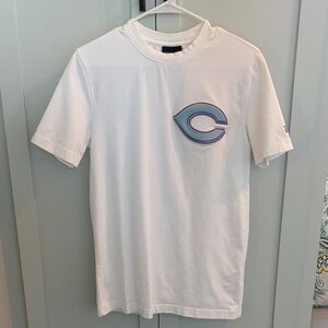 New Era White Short Sleeve Tee with Pastel Blue-Purple Logo, Chicago Cubs